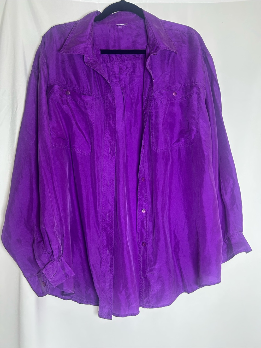 Vintage 80s Women’s Purple Button-Down Shirt - Relaxed Silky Long Sleeve